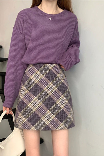 Falda acampanada de lana a cuadros de talle alto
