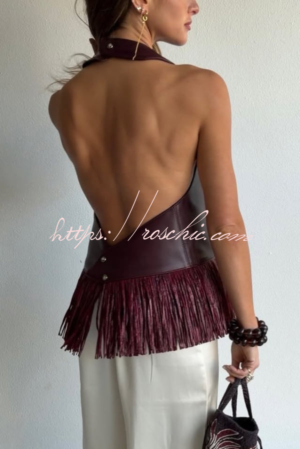 Stylish Halter Neck Sleeveless Leather Tassel Loose Top