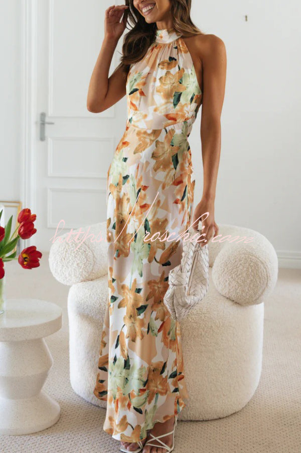 Floral Print Sleeveless Halter Neck Tie Holiday Maxi Dress