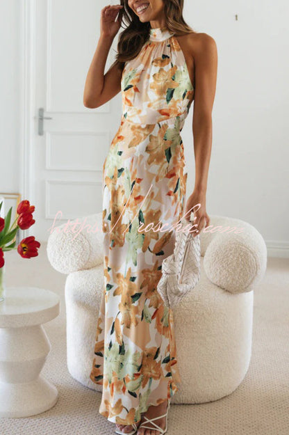 Floral Print Sleeveless Halter Neck Tie Holiday Maxi Dress