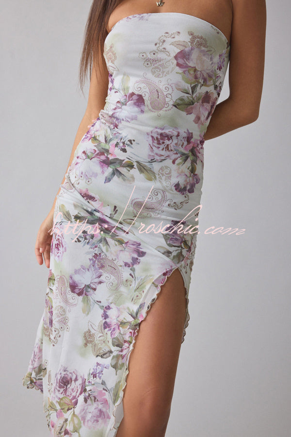Mesh Tie-dye Slit Strapless Maxi Dress