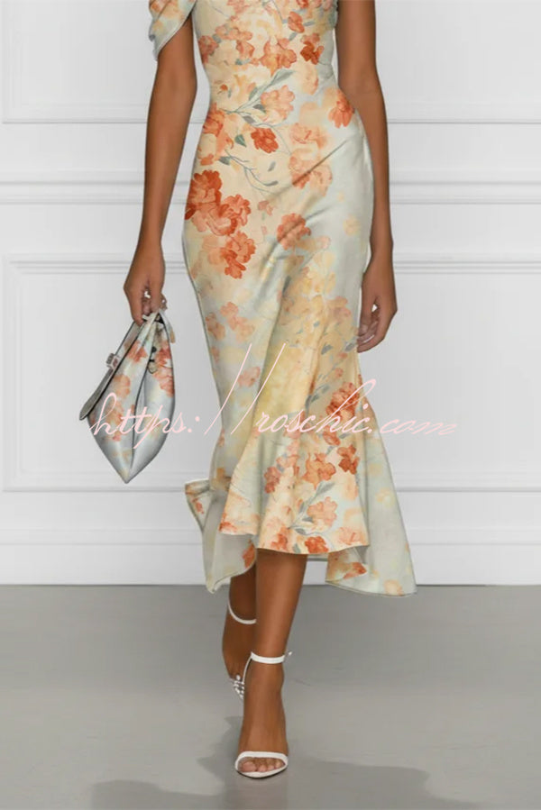 Floral Off-shoulder Sleeveless Fishtail Midi Dress