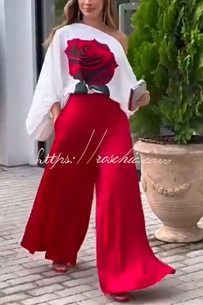 Elegant Rose Print Long Sleeve Belted Wide Leg Pants Suit