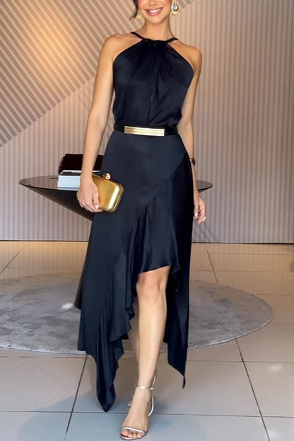 Terez Satin Metallic Belt Halter Neck Irregular Hem Slit Maxi Dress