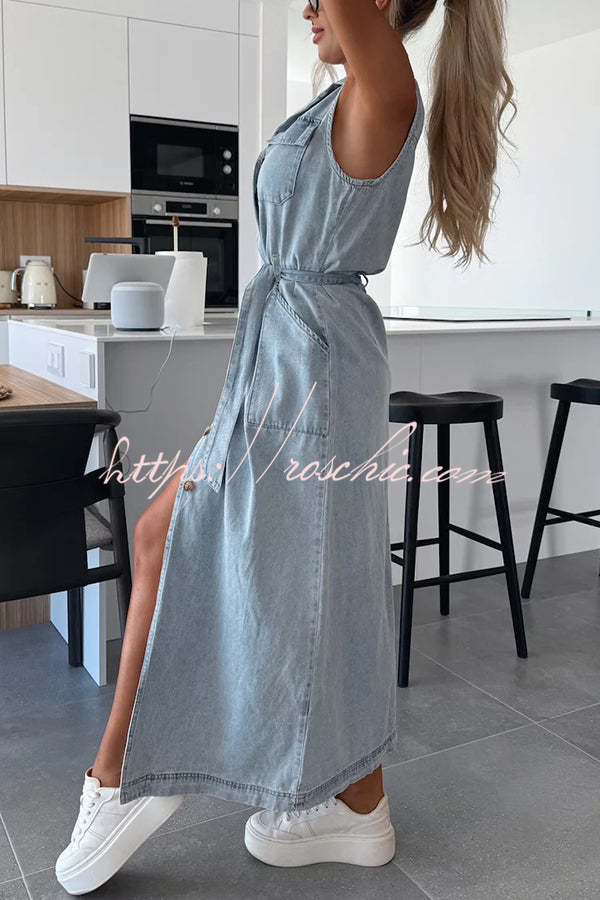 Solid Color Sleeveless Single Breasted Waist Tie Casual Pocket Denim Midi Dress