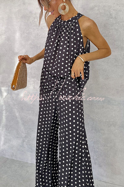 Imanie Polka Dot Print Back Tie-up Tank and Elastic Waist Wide Leg Pants Set