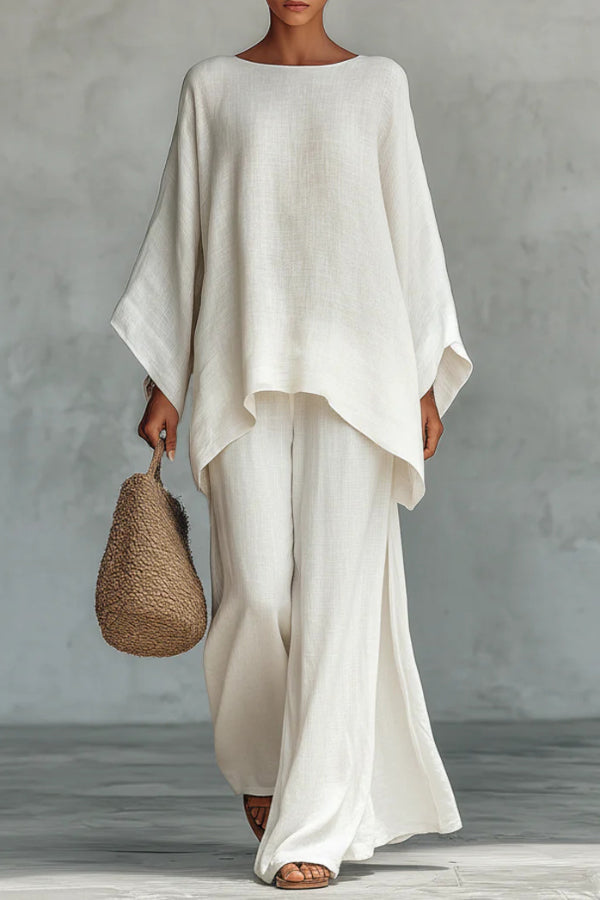 Linen Blend Crew Neck Long-sleeved Loose Top and Elastic Waist Casual Wide-leg Pants Set