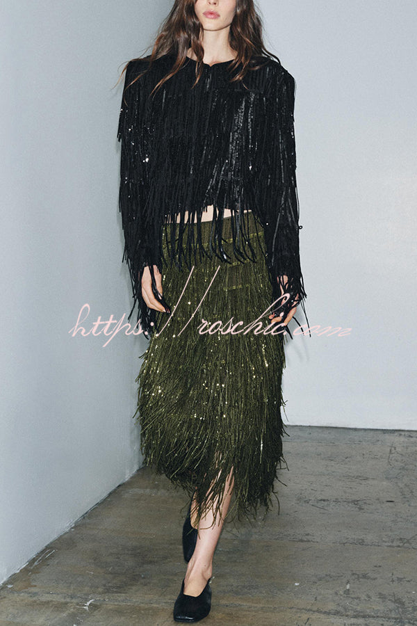 Party Crasher Layered Sequined Tassels High Rise Back Zipper Midi Skirt (Shipped Within 24 Hours)