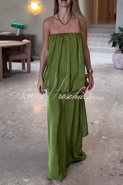 Simple Elegant Satin Voluminous Floral Detail Strapless Top and Elastic Waist Drape Maxi Skirt Set
