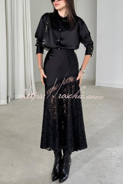 Solid Color Silk Satin Texture Single-breasted Long-sleeved Loose Shirt
