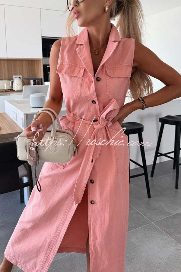 Solid Color Sleeveless Single Breasted Waist Tie Casual Pocket Denim Midi Dress