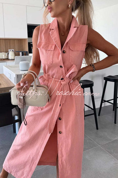 Solid Color Sleeveless Single Breasted Waist Tie Casual Pocket Denim Midi Dress