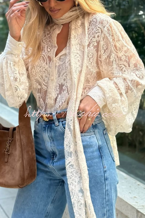 Solid Color Sheer Lace Elegant Ribbon Long-sleeved Shirt