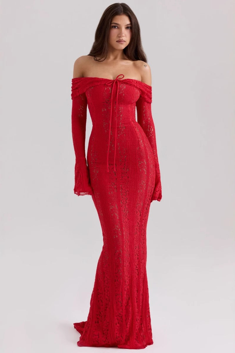 Chic  Lace Bell Sleeve Tube Top Slim High Waist Boho Dress