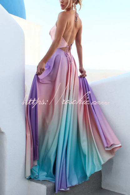 Fashionable Gradient Halter Neck Backless Tie-up Elegant Full Hem Maxi Dress