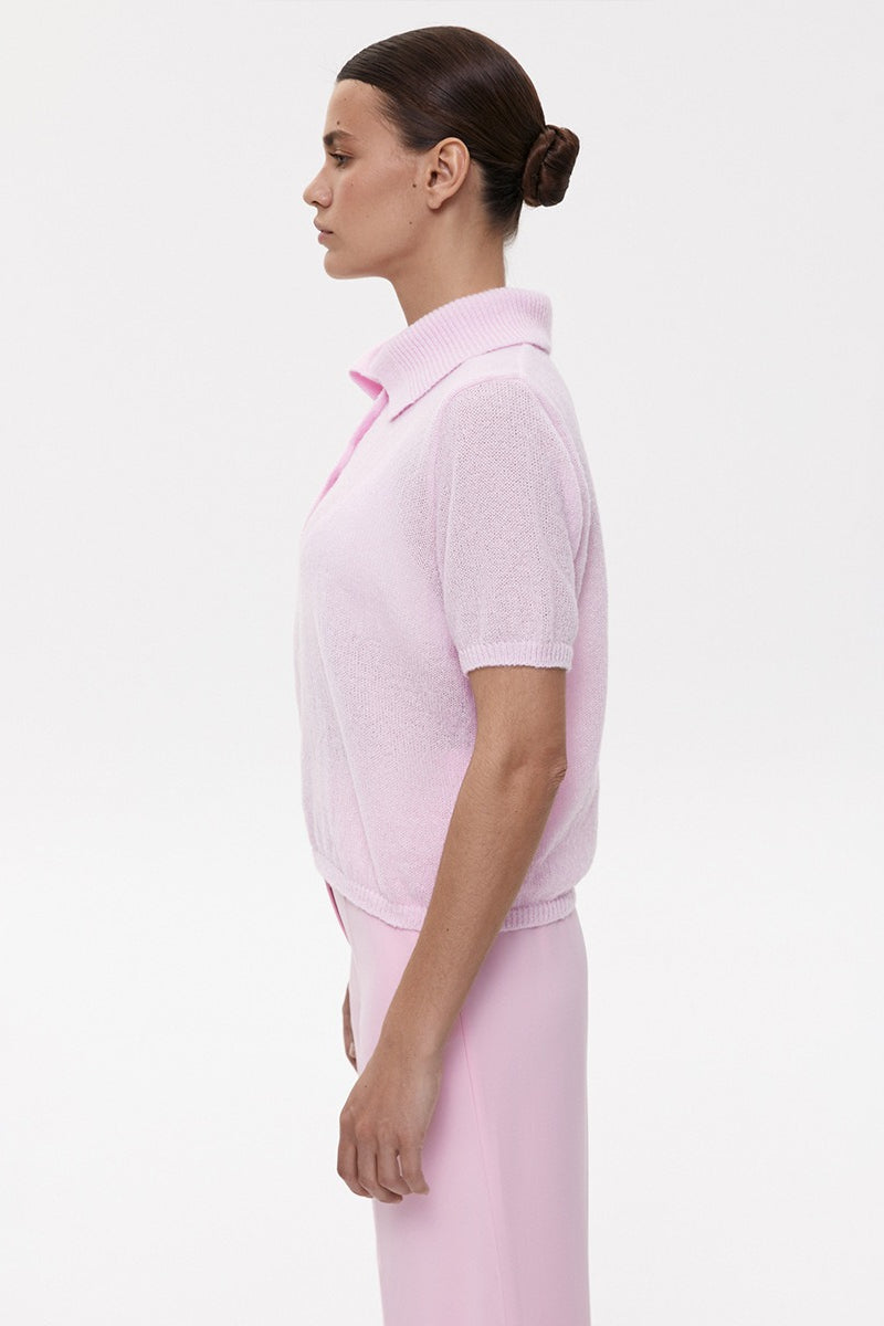 Blusa Minimalista Tejida Calada de Polo con Mangas Abullonadas