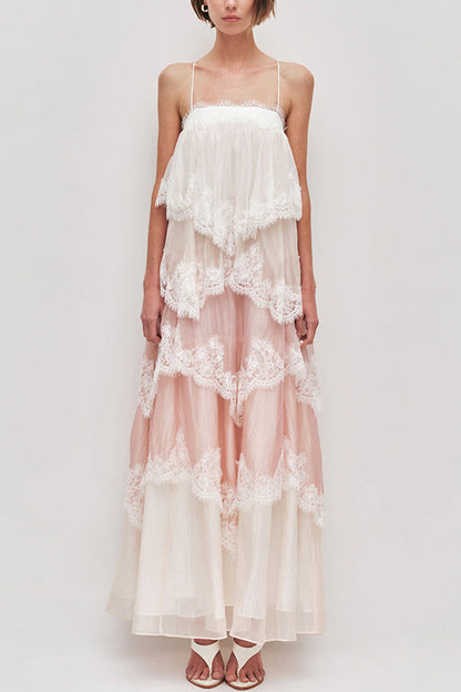Caroline Gradient Layered Lace Trim Tiers Adjustable Straps Backless A-line Maxi Dress