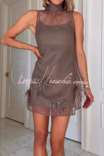Playful Charm Sheer Chiffon Embellished Feather Back Bow H-line Mini Dress
