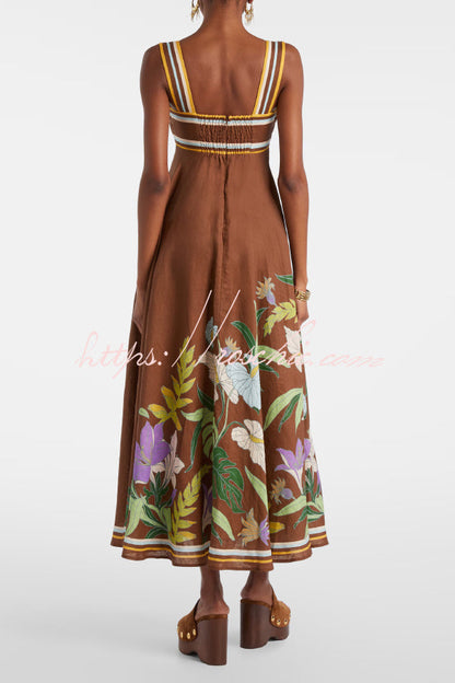 Brown Floral Linen Midi Dress