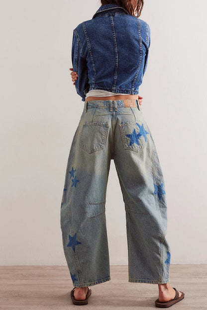 Fashionable Printed Casual Loose Mid-rise Pocket Leg Jeans