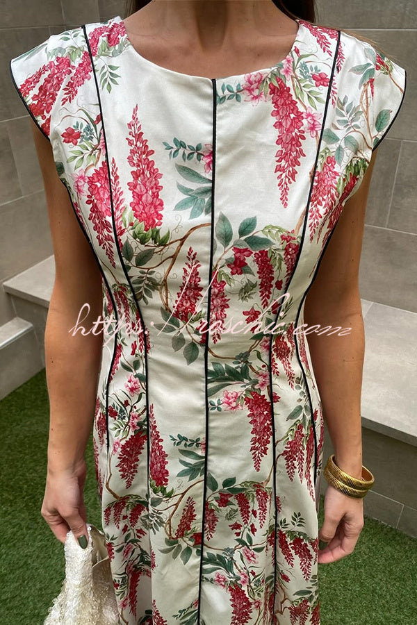 Kaydien Linen Blend Floral Print Contrast Princess Line Short Sleeve Maxi Dress