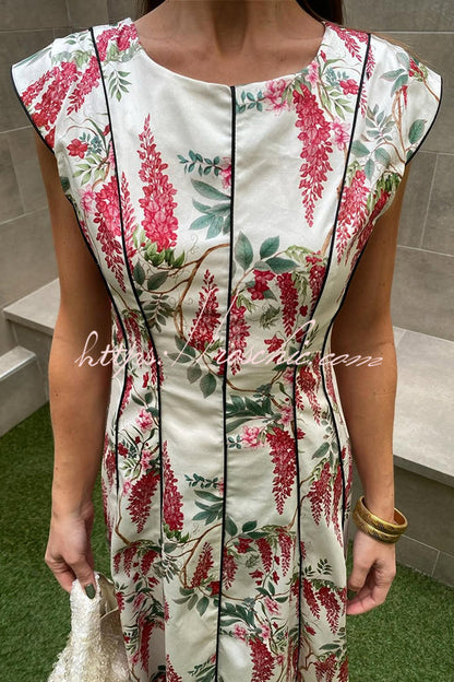 Kaydien Linen Blend Floral Print Contrast Princess Line Short Sleeve Maxi Dress
