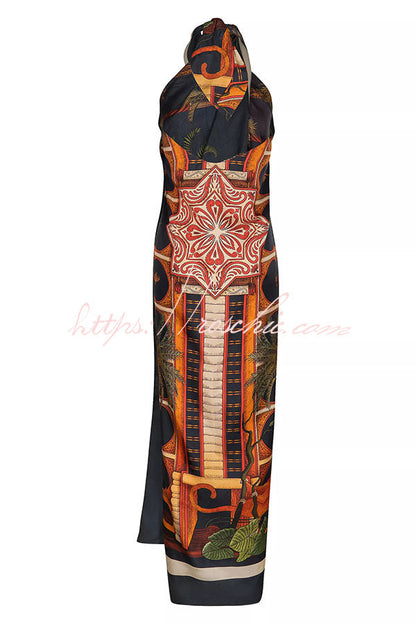 Jungle Elf Unique Print Halter Slit Midi Tank and Elastic Waist Wide Pants Set