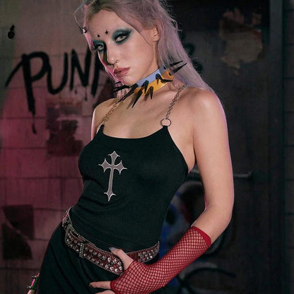 Mysterious  Chain Black Cross Print Black Crop Top