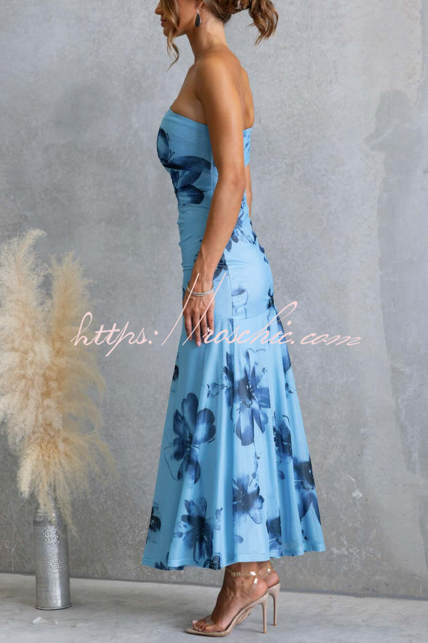 Floral Print Elegant Mesh Off-shoulder Fitted Maxi Dress