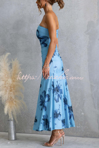 Floral Print Elegant Mesh Off-shoulder Fitted Maxi Dress