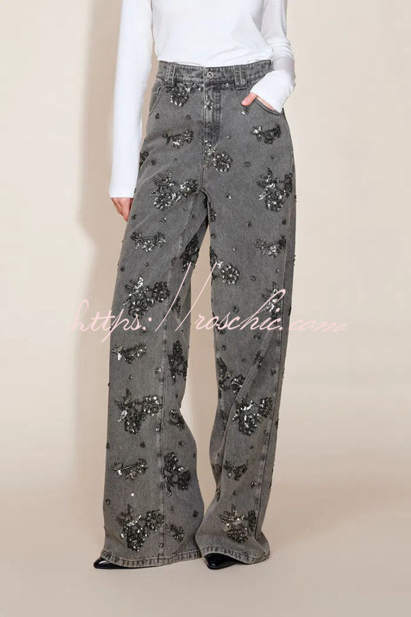 Jhenie Denim Beaded Sequin Floral Pattern Mid Rise Pocket Wide Leg Jeans