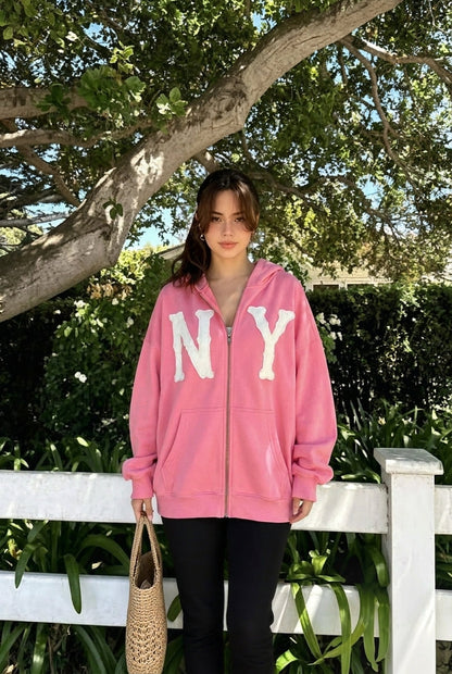 Embroidered Floral Print Zip Hoodie