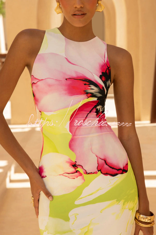 Floral Print Sleeveless Slim-fit Elegant Fishtail Maxi Dress