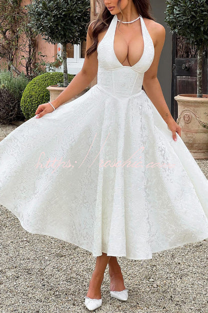 Stylish Jacquard Halter Neck Fitted Waist Open Back Elegant Midi Dress