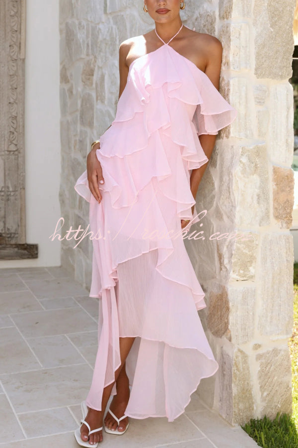 Solid Color Chiffon Halter Neck Elegant Ruffle Maxi Dress