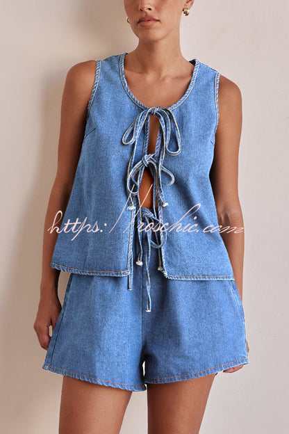 Stylish Elastic Waist Drawstring Pocket Casual Loose Denim Shorts