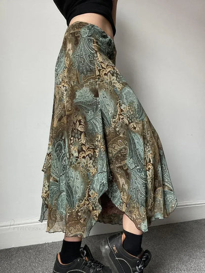 Aesthetic Floral Print Asymmetrical Boho Vacation Lace Skirt