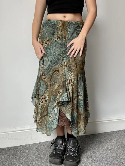 Aesthetic Floral Print Asymmetrical Boho Vacation Lace Skirt