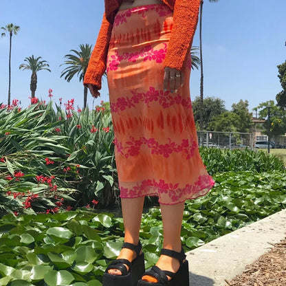 Aesthetic Floral Printed Skirt Bright Boho Casual Beach Skirt