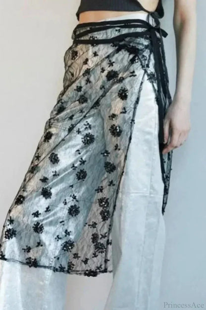 Aesthetic See Through Sequins Flower Lace Long Apron Skirt