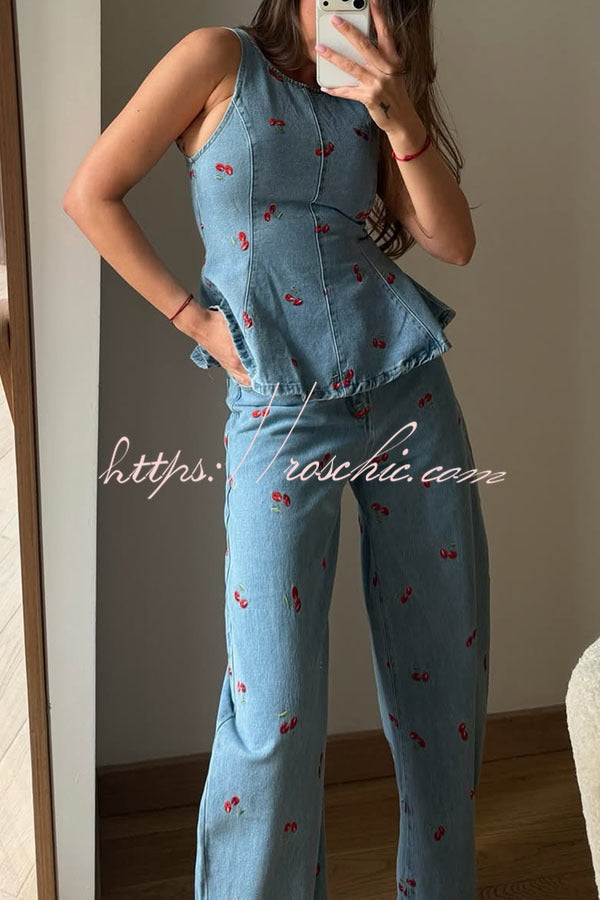 Sweet Casual Denim Cherry Print High Rise Pocket Straight Leg Loose Jeans