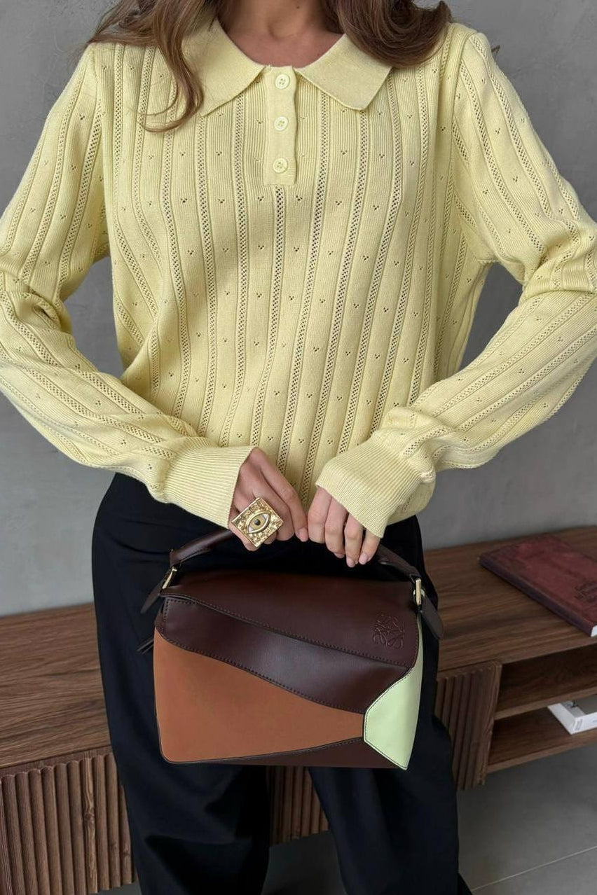 Blusa holgada de manga larga con cuello polo jacquard