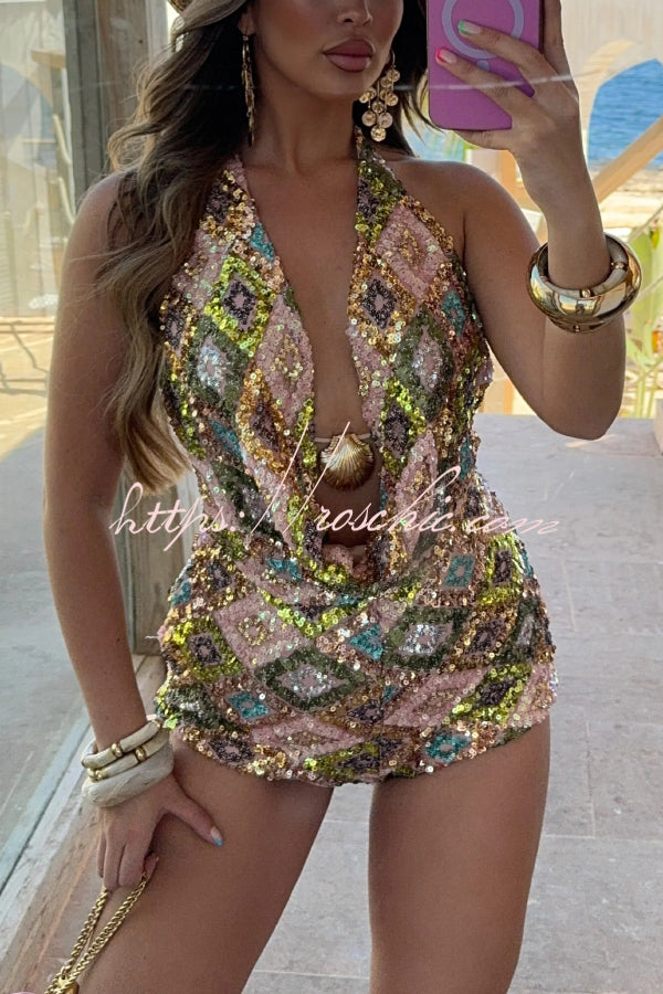 Stylish Sequined Shell-embellished Top and Casual Slim-fit Shorts Set