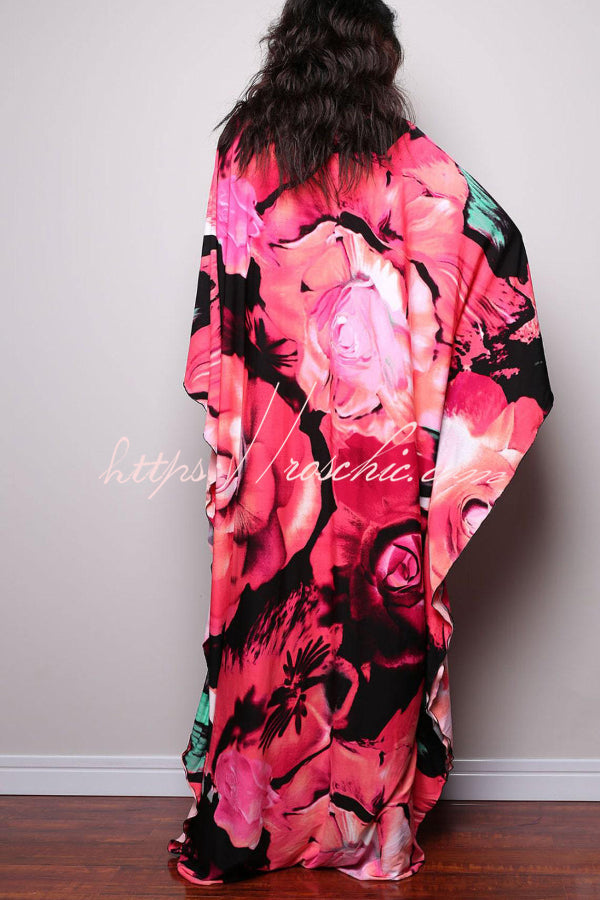 Unique Print Loose V-Neck Batwing Sleeve Casual Maxi Dress