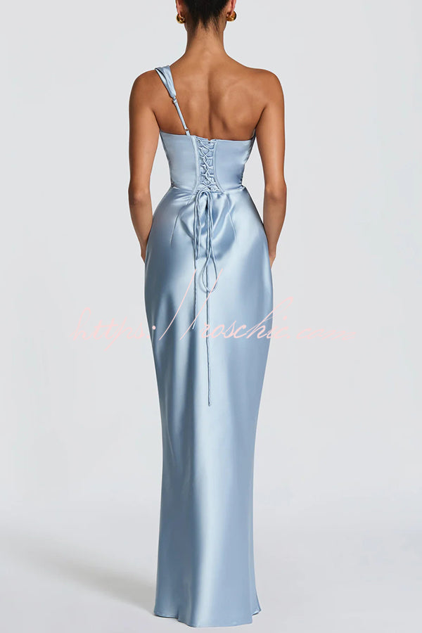 Thalassa Satin One Shoulder Scooped Neck Bias Cut Pleated Maxi Dress