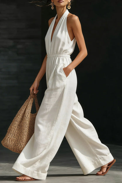 Solid Color V-neck Sleeveless Backless Casual Pocket Loose Wide-leg Jumpsuit