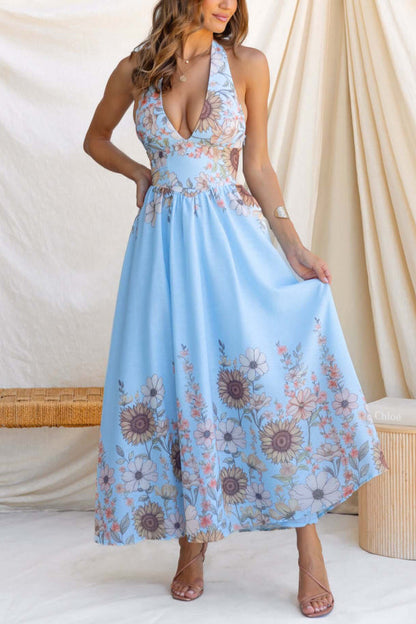 Sunflower Print V-neck Fitted Waist Elegant Maxi Dress