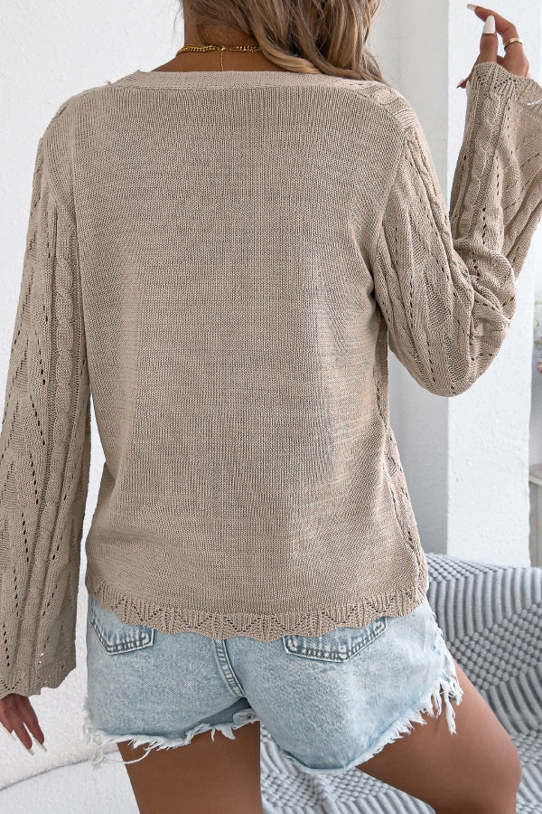 Solid Color Loose V-neck Long-sleeved Vacation Knit Cardigan