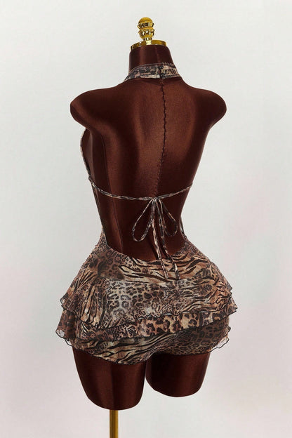 Minivestido sexy con estampado de leopardo, cuello halter y volantes escalonados