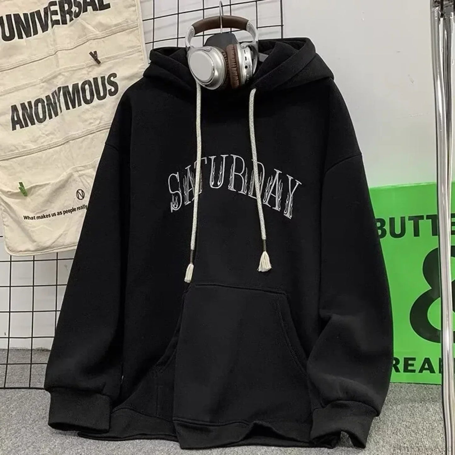 American Flame Print Fleece Y2K Hoodie